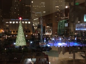 I took this picture from the 6th floor at Macy's looking out at Union Square's tree and skating rink.  The rink is very popular - You have to make online reservations for a one-hour skating time - but is empty here because the Zamboni just cleaned it.