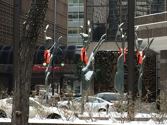 We arrived just in time for Bronco fever.  :-)  Here the ballet dancer statues outside the Sheraton on 16th Street sport Broncos jerseys.