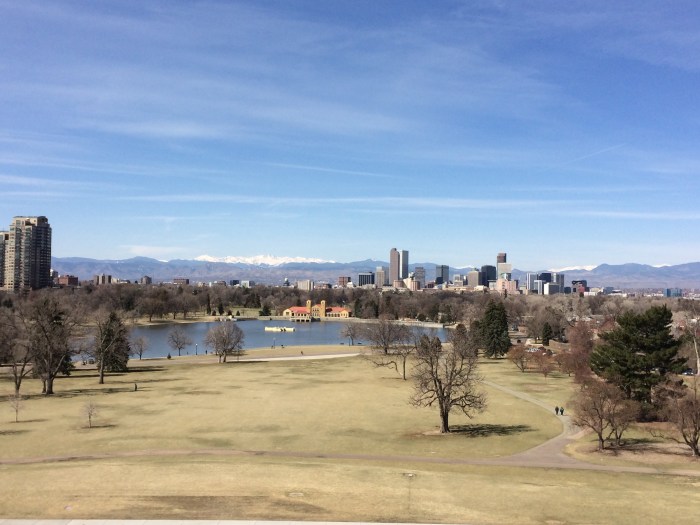 View of the mountains and Denver skyline from the fourth-floor lookout at the Denver Museum of Nature and Science