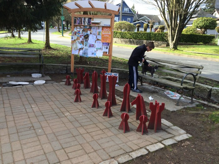 A very friendly cat greeted us as we admired this giant chess set a few blocks from our house.