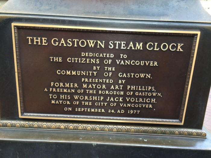A homeless man wearing an orange vest told us a little about the steam clock including explaining that it doesn't work because a drunk driver hit it, and it fell apart causing $10,000 damage.