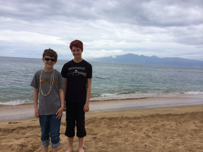 That's the island of Molokai behind the kids.  The island of Lenai is also nearby and visible from Maui's northwest coast.