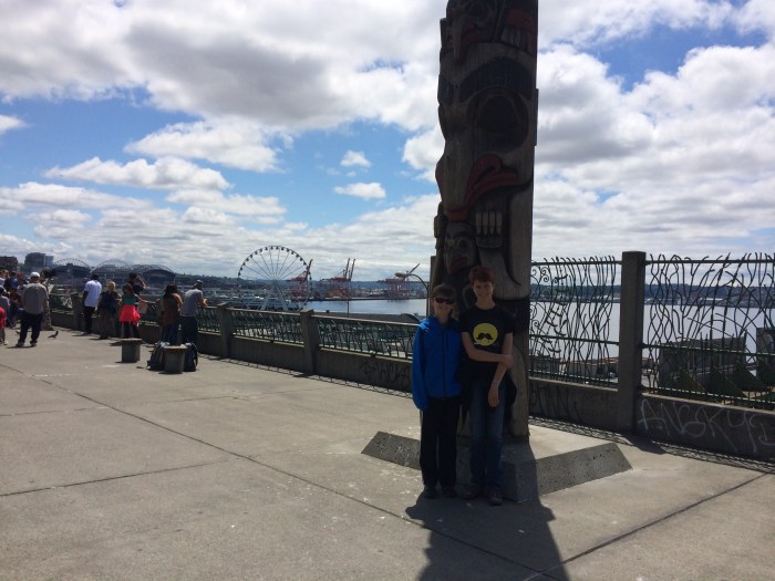 I couldn't get the whole totem/story pole in the picture.  Puget Sound is in the background.