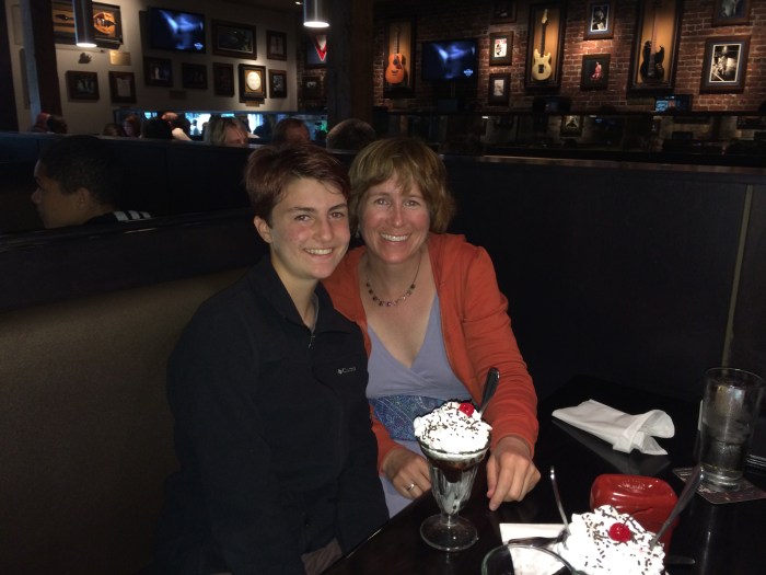 Our waitress brought us two free sundaes to share for my birthday.