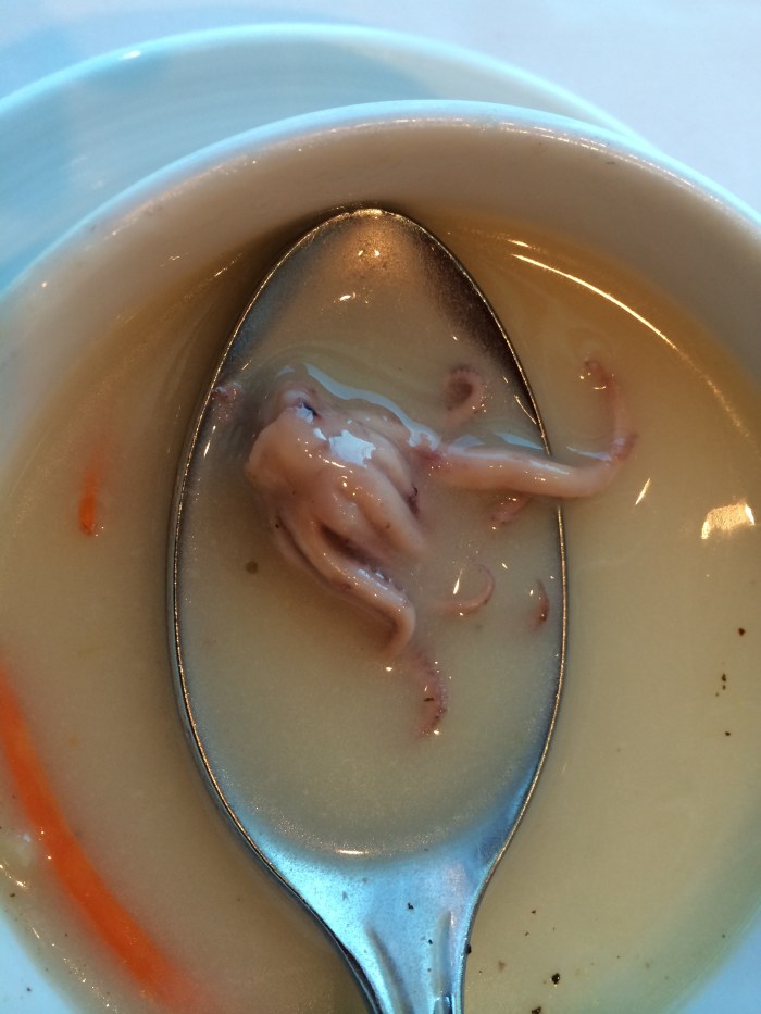 Having lived in Ohio and then Colorado for most of my life, I haven't eaten a lot of seafood.  So imagine my surprise at finding this gem in my soup the first night at dinner.  I forced myself to eat it and showed the picture to others on the ship the next morning thus solidifying my redneck status.