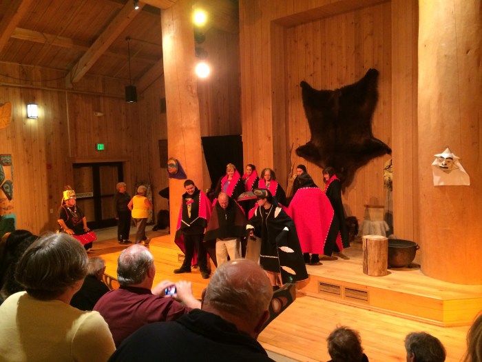 We attended a Tlinget (KLING ket) dance at Icy Strait Point in which we learned how the raven created the world.  We weren't allowed to take pictures during that dance but could afterward when they invited members of the audience to participate in a dance.