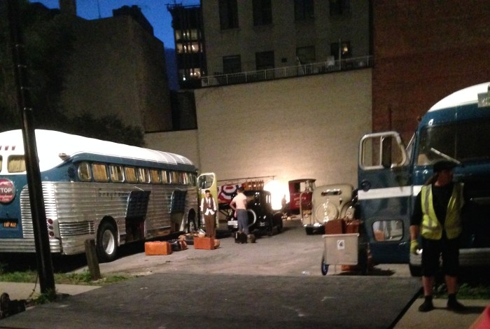 Laurel went downstairs and outside briefly while they were shooting the movie and took this picture. She says the man in brown fringe standing by the bus is Jason Sudeikis.