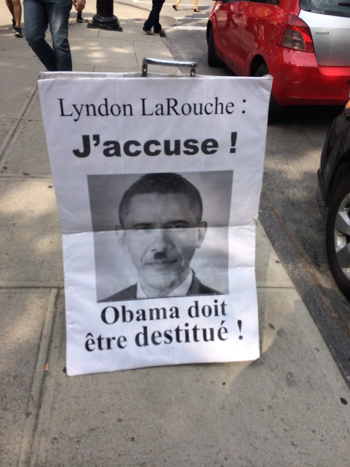 I saw this when Charlie and I were running errands today. (Laurel wasn't feeling well and didn't go with us. She perked up considerably when the movie started shooting.) I don't know why Lyndon LaRouche is badmouthing Obama in Canada. I didn't even know LaRouche was still alive. (Wikipedia says he's 91.) This photo of Obama with the Hitler mustache seemed particularly weird today since Jesse Owens, who dealt with Hitler's racism at the 1936 Berlin Olympics, is having a movie made about him here.