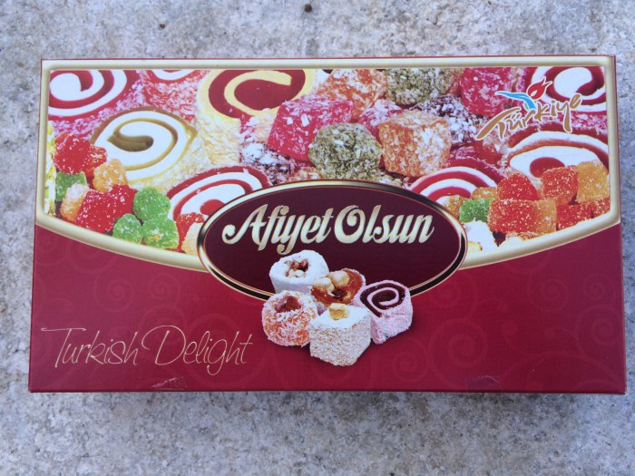 We bought some Turkish delight ("Lokum" in Turkish) the other day.  It's a candy that's kind of a marshmallow/fruit combo.  